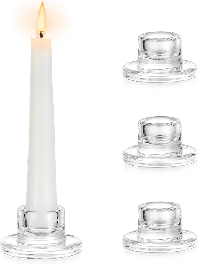 Hewory Glass Taper Candle Holders: 4 PCS Candlestick Holders Clear Short Tapered Candle Holder Set - Candle Stick Holder Decor for Table Centerpiece Wedding Party Advent Christmas Home Decorations
