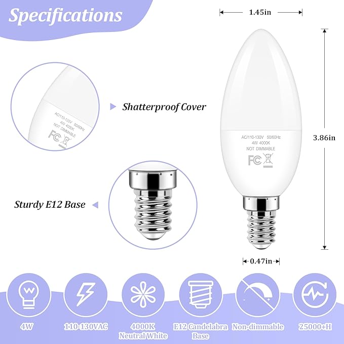 Brightever E12 Candelabra LED Light Bulbs 40W Equivalent, 4W Small Candle Light Bulbs Neutral Light 4000K, Type B Ceiling Fan Lightbulbs for Chandelier, Table Lamps, Non-Dimmable, Pack of 12