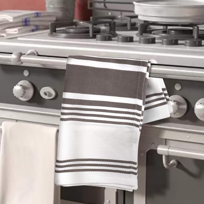 Urban Villa Kitchen Towels 100% Cotton Pack of 6, Highly Absorbent Quick Drying Super Soft Premium Dish Towel for kitchen with Hanging Loop Hand & Tea Towels - 20x30 Inch, (Dove Grey & White, Striped)