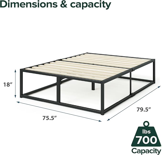 Zinus Joseph 18 Inch Platform Bed Frame, Wood Slat Support, No Box Spring Needed, Eco Friendly WonderBox(TM) Packaging, Easy Assembly, Black, King