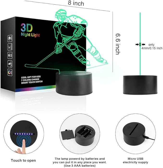 Hockey Player 3D Lamp Night Lights for Kids 7 LED Color Changing Touch Table Desk Lamps Lighting Cool Toys Gifts Birthday Xmas Decoration for Sports Hockey Fan