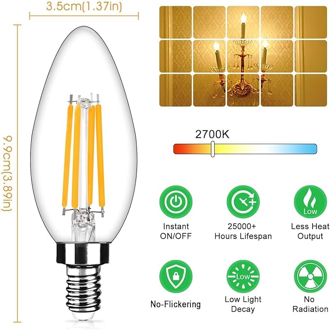 24-Pack Dimmable E12 LED Candelabra Bulbs 40Watt Equivalent, 2700K Warm White, 450Lumens, 4W B11 Vintage Chandelier Light Bulbs, LED Filament Clear Glass Candle Lamp for Ceiling Fan Home Decor