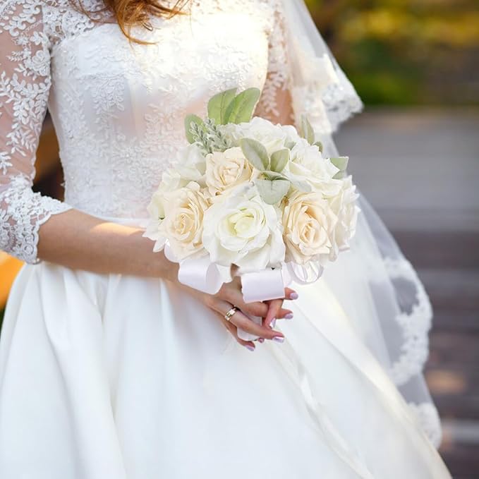Artificial Rose Wedding Bouquet - Ribbon Decor for Bride & Bridesmaid