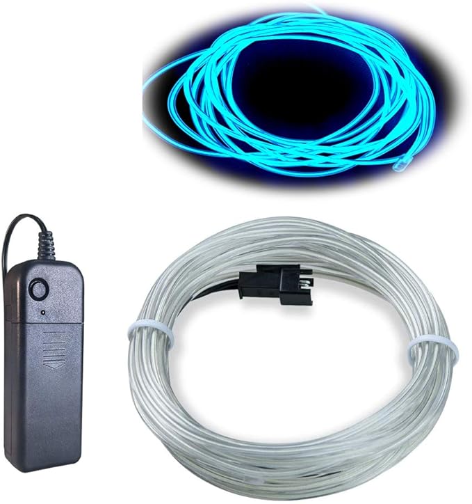 MaxLax EL Wire Ice Blue, 32.8ft/10m Portable Battery Pack Neon Light Strip 360° Cuttable Glowing Rope Lights for Parties, Halloween, DIY Decoration