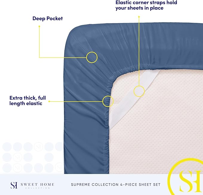 Queen Size Bed Sheets - Breathable Luxury Sheets with Full Elastic & Secure Corner Straps Built In - 1800 Supreme Collection Extra Soft Deep Pocket Bedding Set, Sheet Set, Queen, Denim