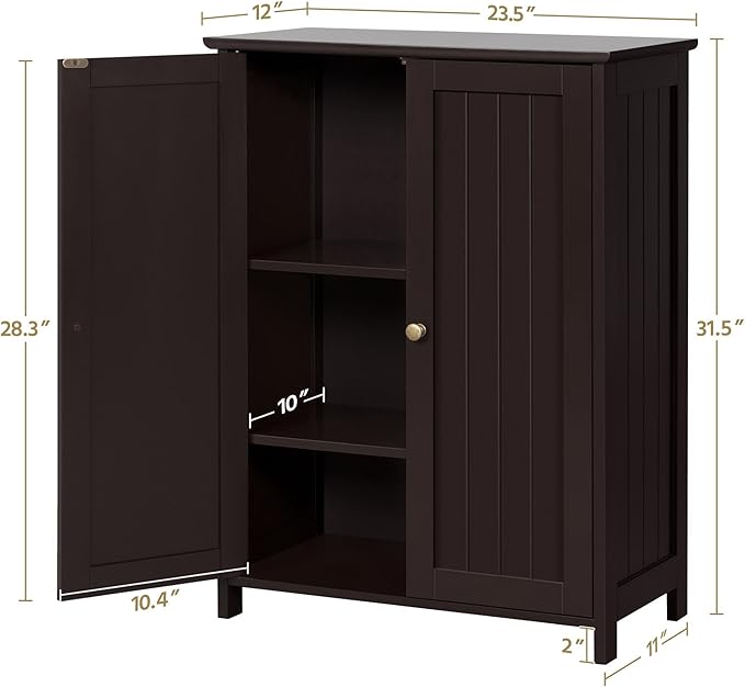 Yaheetech Bathroom Floor Cabinet, Modern Storage Freestanding Organizer Cabinet with Adjustable Shelves & Double Doors, 3-Tier Home Living Room Furniture, Espresso