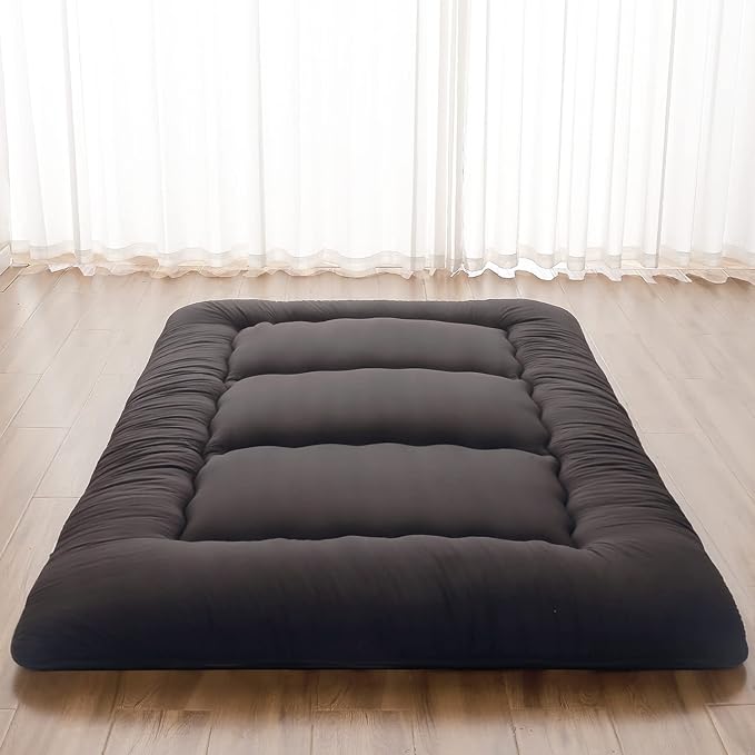 Japanese Floor Mattress, Futon Mattress with Portable Storage Bag and Washable Cover, Roll Up Thick Tatami Mat Suitable for Camping, Guest Room, Black, Full