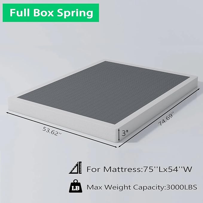 ALDRICH Low Profile Box Spring Full Size,3 Inch Heavy Duty Metal Box Spring for Full Bed,Mattress Foundation Non-Slip/No Noise/Easy Assembly (Full)