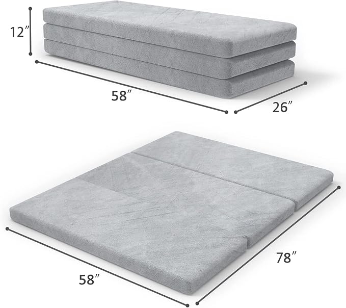 SINWEEK 4" Queen Folding Mattress with Storage Bag - Foldable Trifold Floor Bed Topper, CertiPUR-US Certified Guest Sleeping Pad, Machine Washable Cover & Waterproof Inner Lining
