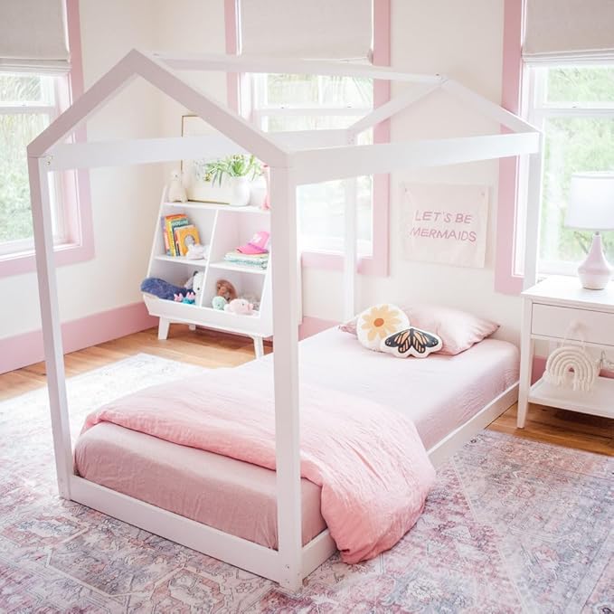 Max & Lily Twin Floor House Bed, Modern Solid Wood Low Bed Frame for Kids, Montessori Floor Bed for Bedroom, Playroom, Wooden Slats, White