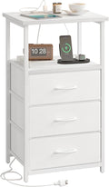 Fixwal White Night Stand, Nightstand with Charging Station, End Table, Bedside Table with Fabric Drawers for Bedroom