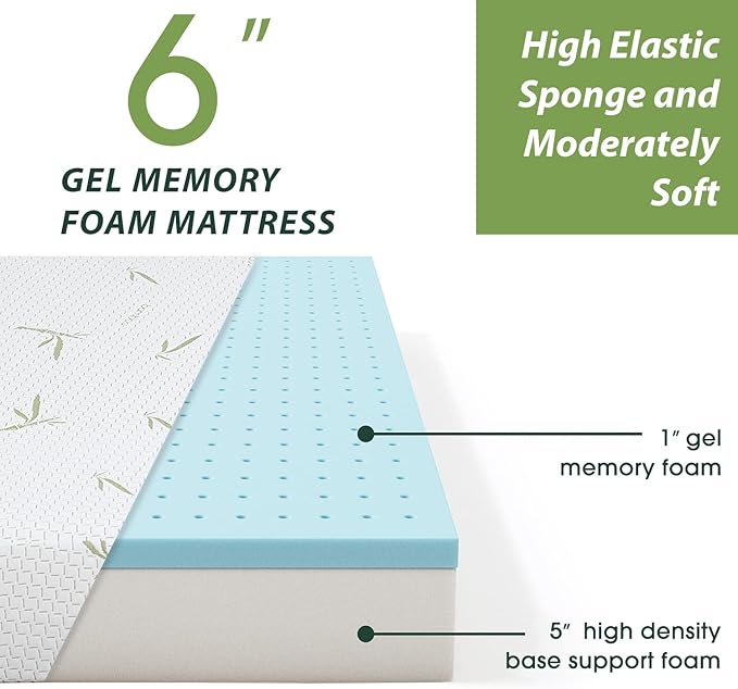 BestMassage | 6 Inch Queen Mattress | Gel Memory Foam | Medium Firm Feel | White | Bed in a Box, CertiPUR-US Certified | Pressure Relief, Cooling Ventilated Foam | Breathable Knit Cover
