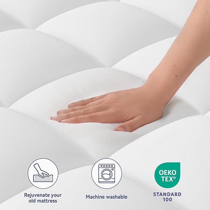 ELEMUSE Super/Olympic Queen Mattress Topper for Back Pain, Extra Thick Mattress Pad Cover, Plush Soft Pillowtop with Elastic Deep Pocket, Overfilled Down Alternative Filling