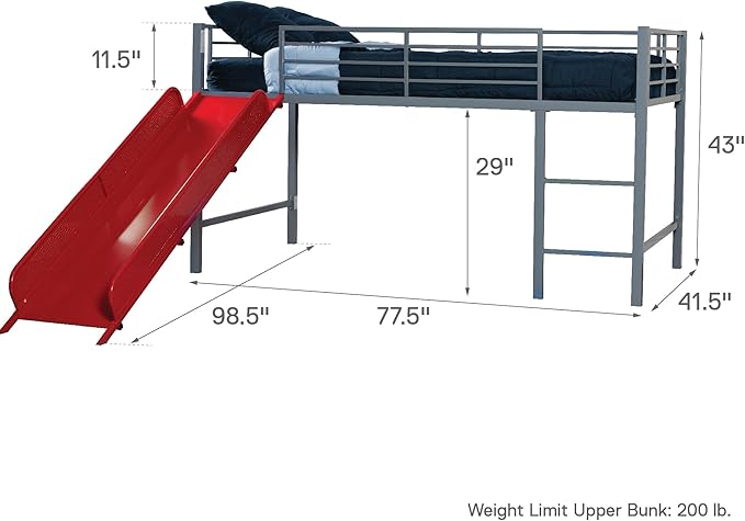 DHP Junior Twin Metal Loft Bed with Slide, Multifunctional Design, Silver with Red Slide