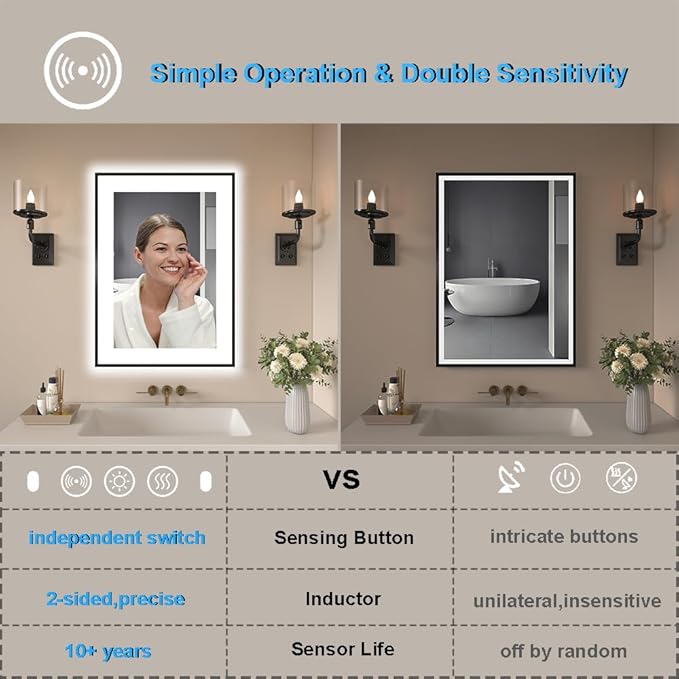 20 x 28 Inch LED Bathroom Mirror with Lights, Front & Back Lit Mirrors for Bathroom Wall Mount, Aluminum Black Frame Decor, Anti-Fog, Dimmable 3 Colors, Shatter-Proof Tempered Glass, Motion Sensor