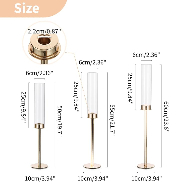 NUPTIO Hurricane Glass Candle Holders: Set of 6 Tall Gold Metal Candlestick Holder with Chimney Tube Brass Tiered Taper Candles Stands for Christmas Holiday Party Decoration 23.6 & 21.7 & 19.7 in