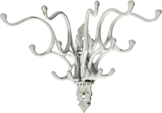 Creative Co-Op Antique Decorative Cast Iron Multi Hook Wall Hanger with 15 Hooks, Distressed White