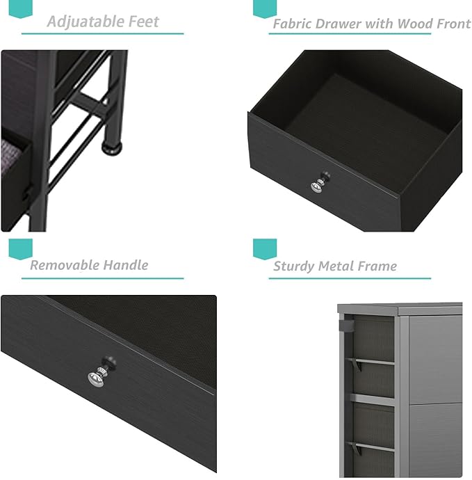 BOLUO Black Nightstand 2 Drawer Dresser for Bedroom,Small Night Stand End Table with Fabric Drawers Modern