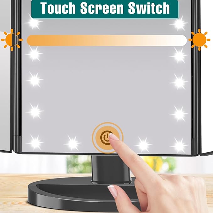 FASCINATE Lighted Makeup Mirror, 21 Bright LED Lights, 3x/2x/1x Magnifying Trifold LED Vanity Mirror, Touch Control Dimmable Brightness,180 ° Rotaion