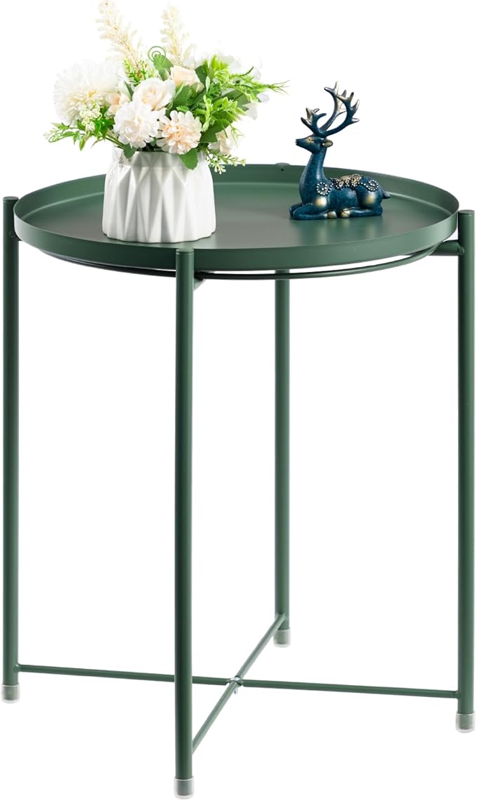 HollyHOME Round Metal Side Table, Outdoor Small Folding Accent Stand with Removable Tray, 17.72'' Portable End Table for Balconies, Gardens, Living Rooms and Bedrooms, Atrovirens