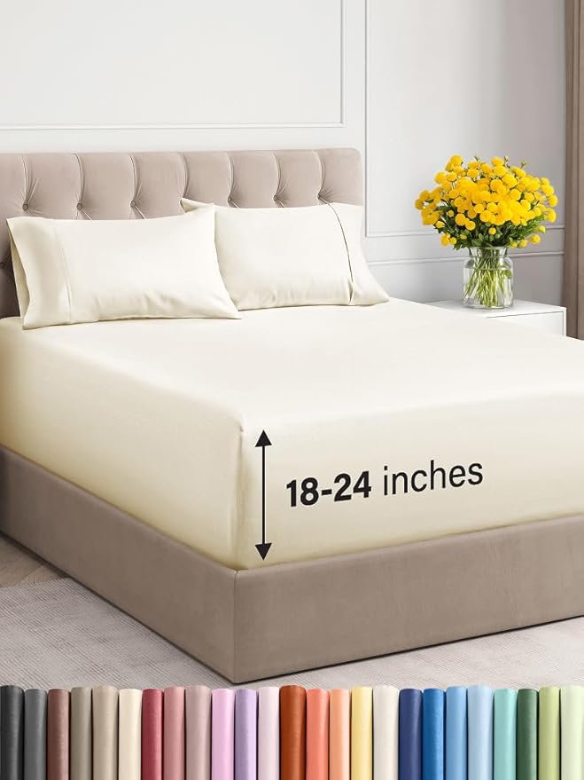 Extra Deep Twin XL Sheet Set - 4 Piece Breathable and Cooling Sheets - Hotel Luxury Bed Sheets Set - Easy Fit - Soft, Wrinkle Free and Comfy Sheets Set - Off White Sheet Set with Extra Deep Pockets