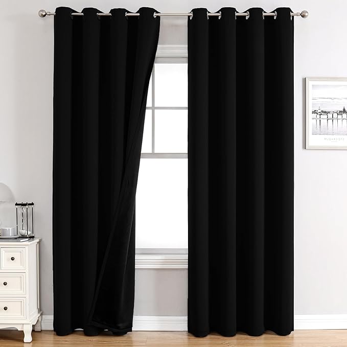 ChrisDowa 100% Blackout Curtains 108 inch Long for Bedroom with Black Liner, 2 Thick Layers Total Blackout Thermal Insulated Grommet Window Curtains 2 Panels Set (Black, 52 x 108 Inch)