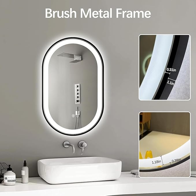 Niccy Oval LED Mirror for Bathroom, 36x24 Front Lit + Backlit Vanity Mirrors with Light Anti-Fog, Shatter-Proof, 3 Colors, Makeup Mirror with Black Frame (Horizontal/Vertical)
