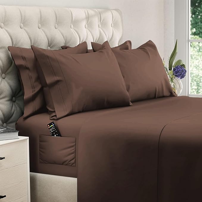 DREAMCARE Queen Sheet Set – 6 pcs Cooling Bed Sheets – up to 21” Deep Pocket Queen Sheets Set – 2500 Supreme Collection – Extra Soft 100% Brushed Microfiber Hotel Luxury with Side Pocket – Mocha Brown