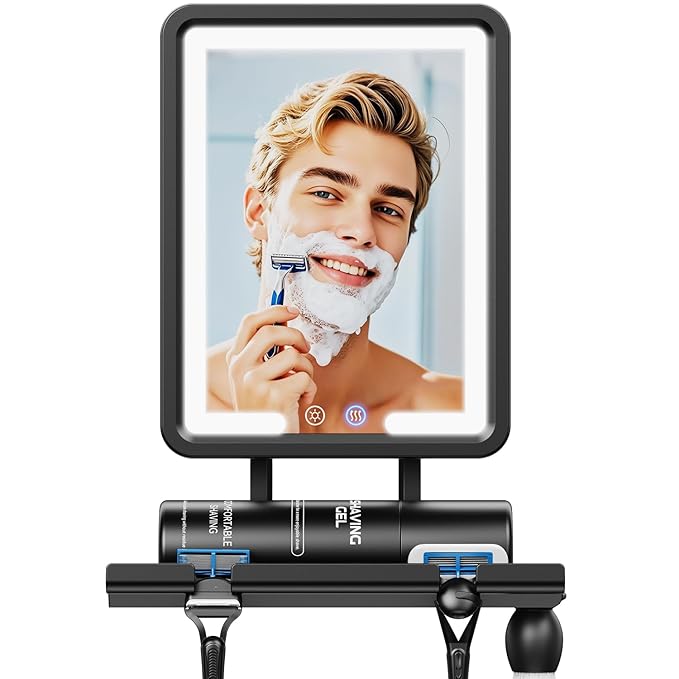 Heated Shower Mirror Fogless for Shaving 2025 New, 3 Colors Stepless Dimmable Lights Anti Fog Shower Mirror, Fog Free Mirror for Shaving with Razor Holder for Men, NO-Drilling, Removable - Black