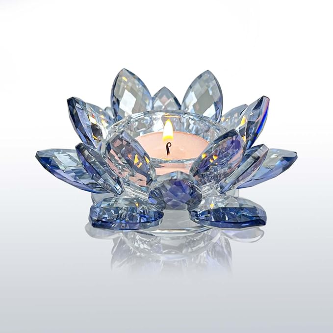 Crystal Lotus Flower Tealight Candle Holders/Glass Tea Light Candlestick Decor Decoration for Christmas Home Wedding Party… (Blue 1pc)