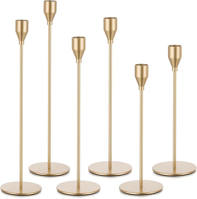 Gold Taper Candle Holders: Set of 6 Tall Candlestick Holder for Table Centerpiece Metal Candles Stick Holders Stand Wedding Decor
