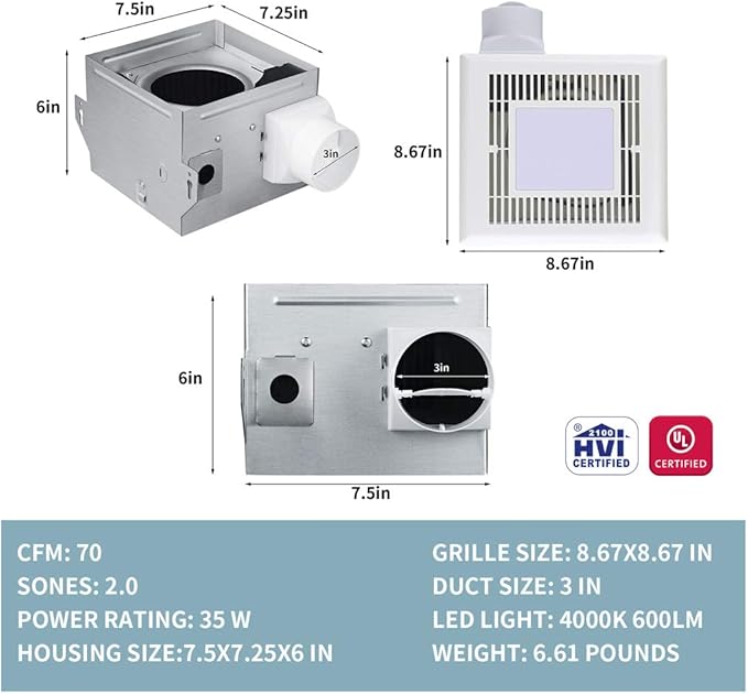 Tech Drive Very-Quiet 70 CFM, 2.0 Sone Bathroom Ventilation and Exhaust Fan With LED light 4000K 600LM(70CFM),Ceiling Mounted Fan,Easy to Install
