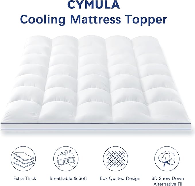 CYMULA Short Queen Mattress Topper, Cooling Bed Topper for Mattress, Thick Mattress Pad Cover Pillow Top Mattress Topper, Firm Plush Down Alternative Fill Protector