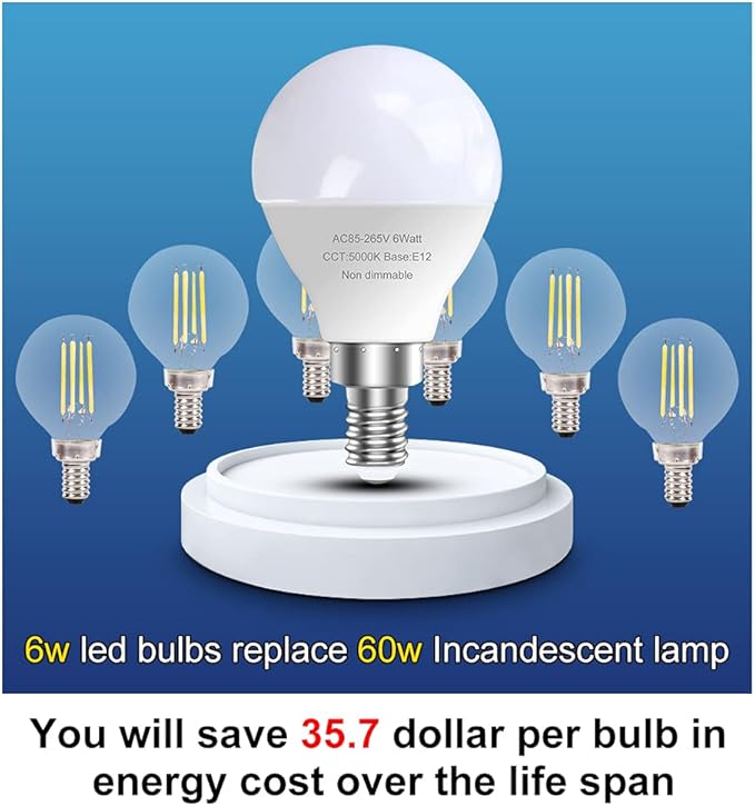 GOSCHE 6 Pack Bright Ceiling Fan Light Bulbs, 60 Watt Equivalent, E12 Led Bulb, A15 Shape Candelabra Base Chandelier Light Bulb, 120V Small Bulb, Non-Dimmable, Daylight 5000K, 6 Pcs