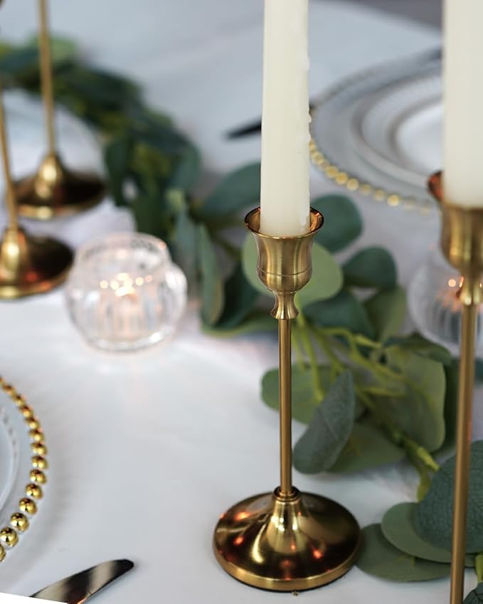 Gold Candlestick Holders, Taper Candle Holders, Set of 6 Brass Candle Holder Set, Vintage Table Centerpiece for Wedding Christmas Holiday