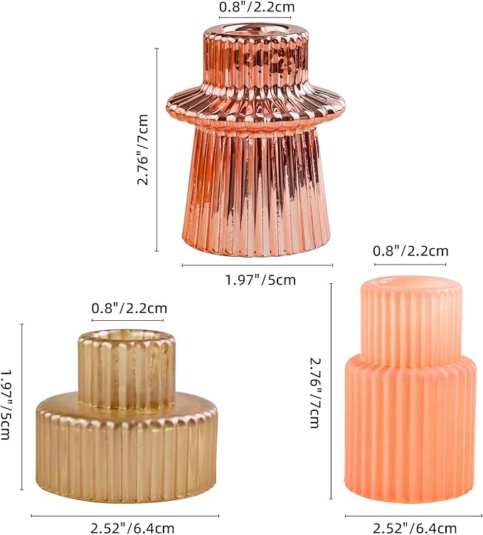 Pink Candlestick Holders 6PCS for Tealight Candle Stick Candles, Ribbed Glass Taper Candle Holders Set, Table Centerpieces for Weddings Christmas Home Decor Indoor and Outdoor