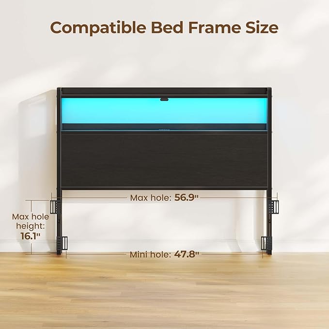 Rolanstar Headboard for Full Size Bed with Storage, 60,000 DIY Color of LED Light, Head Board with USB & Type C Port, Height Adjustable, Black Cabeceras de Cama Comfortable Modern, Wood