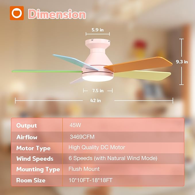 addlon Ceiling Fans with Lights, 42 Inch Low Profile Kids Ceiling Fan, Girl's Fan with Remote, Reversible, 3CCT, Dimmable, Quiet, Pink Small Ceiling Fan for Kids Room, Bedroom Indoor/Outdoor Use