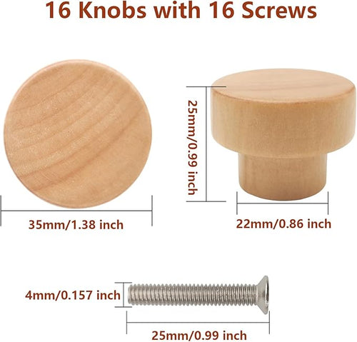 16PCS Wood Knobs Flat Top Round Cabinet Knobs Natural Wooden Dresser Drawer Pulls (Diameter: 35mm/1.38 inch, Height: 25mm/0.99 inch)