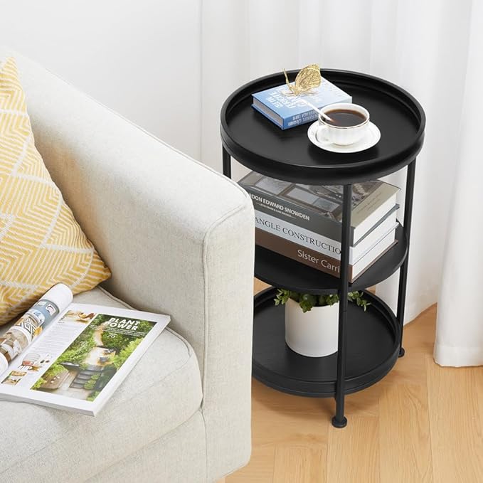 Dulcii Side Table, Round End Table with 3 Shelves for Living Room, Bedroom, Nightstand with Steel Frame for Small Spaces, Industrial Round Sofa Table, Outdoor Accent Coffee Table, Black