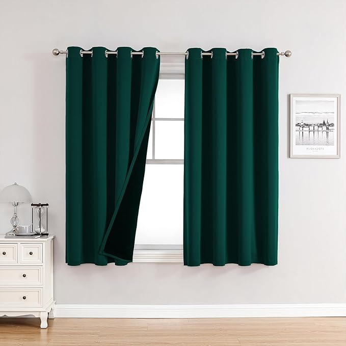 ChrisDowa 100% Blackout Curtains for Bedroom with Black Liner, 2 Thick Layers Total Blackout Thermal Insulated Grommet Window Curtains 2 Panels Set (Forest Green, 52 x 54 Inch)