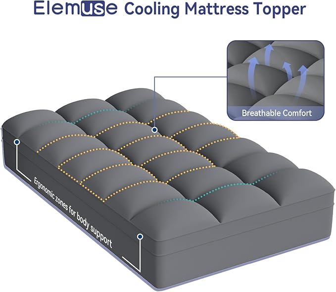 ELEMUSE Twin XL Grey Mattress Topper for College Dorm, Extra Long Twin Mattress Pad Cover for Back Pain, Plush Soft Pillowtop with Elastic Deep Pocket, Overfilled Down Alternative Filling