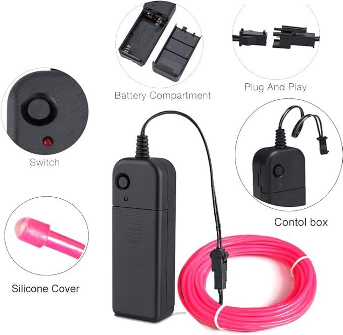 MaxLax EL Wire Pink, 16.4ft/5m Portable Battery Pack Neon Light Strip 360° Cuttable Glowing Rope Lights for Parties, Halloween, DIY Decoration