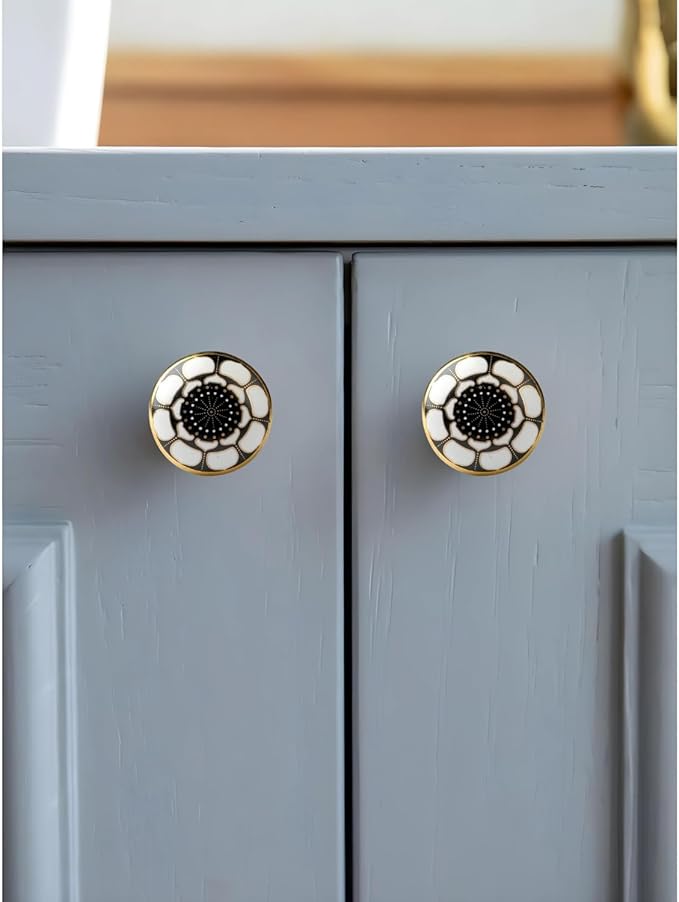 Perilla Home Set of 6 Knob Ceramic Decorative Knobs for Home Kitchen Cabinet Hardware Cupboard Door Dresser Wardrobe and Drawer Pulls (Marigold Black)