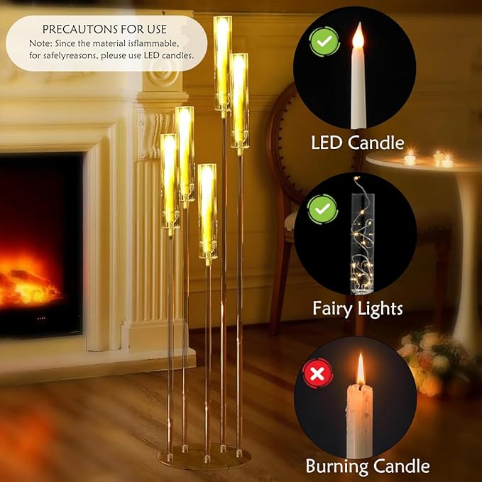 8pcs 5 Arm Floor Candelabra,Acrylic Floor Candle Holder for Wedding Centerpiece Tall Clear Candle Holders for Ceremony Birthday Party Home Decoration Fit 0.8 LED Candles