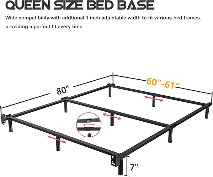 7 Inch Metal Bed Frame Queen Size, Compatible with Most Brand Box Spring Or Mattress, 9-Leg Support Bed Base, Headboard Attachable, Noise-Free, Easy Assembly, Black
