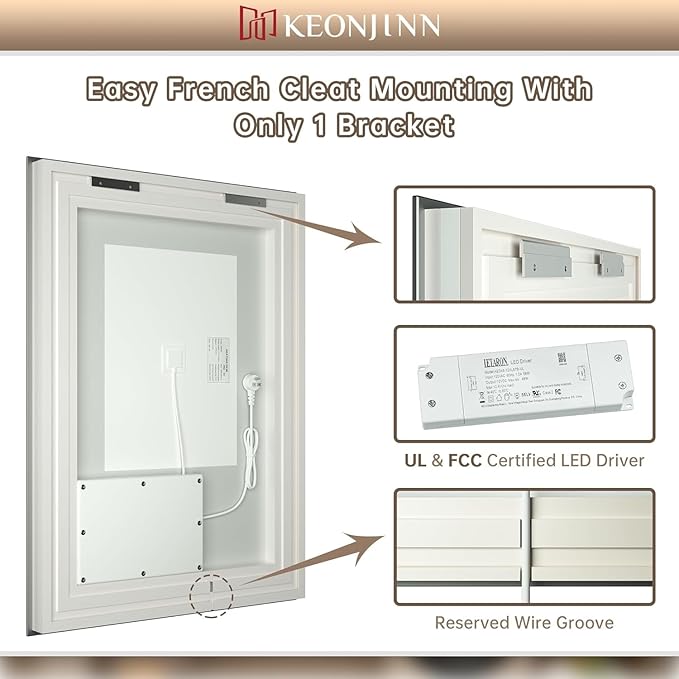 Keonjinn LED Bathroom Mirror 24" x 32" with Frontlit and Backlit, Stepless 3 Colors Temperature & Dimmable Vanity Mirror with Light, Double LED Strips, Tempered Glass Wall Mirror, UL Listed LED Driver