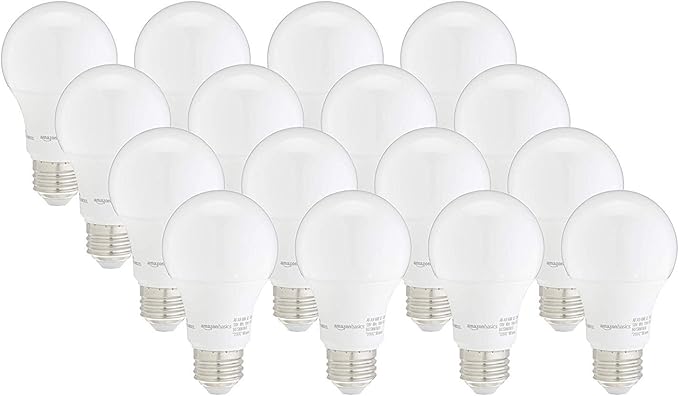Amazon Basics A19 LED Light Bulbs, 60 Watt Equivalent, Energy Efficient 9W, E26 Standard Base, Soft White 2700K, Dimmable, 10,000 Hour Lifetime , 16-Pack