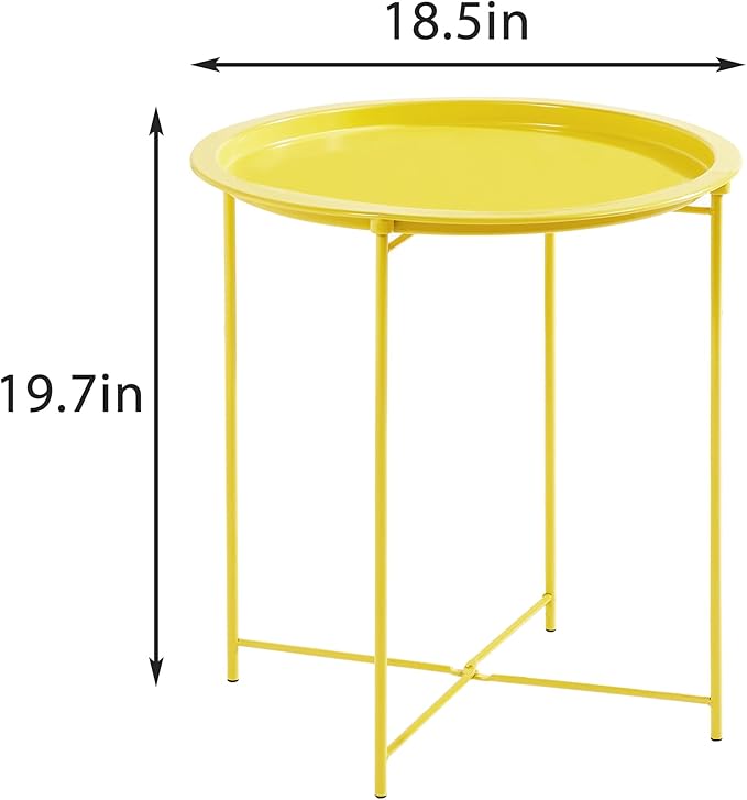 VECELO Side/End Table, Folding Round Metal Anti-Rust and Waterproof Outdoor or Indoor Tray for Living Room Bedroom Balcony and Office, 2 PCS, Yellow