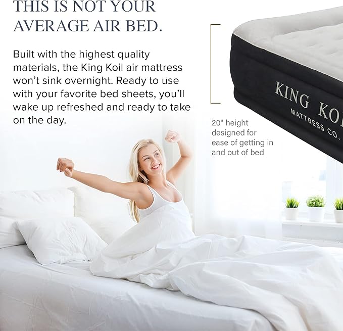King Koil Luxury California King Size Air Mattress with Built-in High-Speed Pump Best for Home, Camping & Guests, 20" Double High Airbed Adjustable Blow Up Mattress, Waterproof, 1-Year Warranty